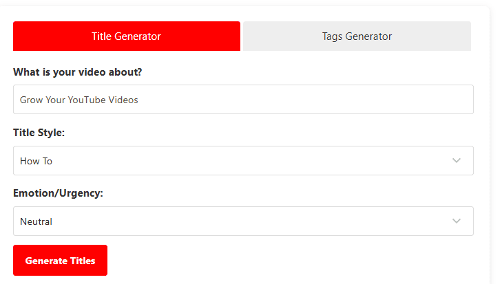 Youtube Title Generator tool layout